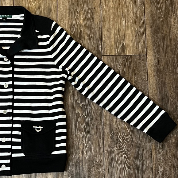 Lauren Ralph Lauren Striped Cardigan Sweater Silver Buttons Black Coastal Large - Picture 2 of 13